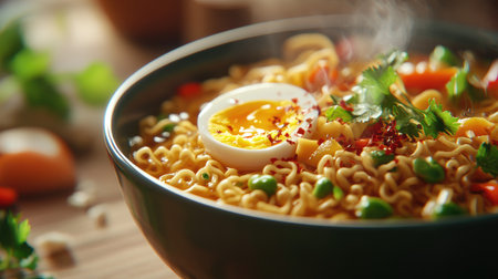 A close-up of a steaming bowl of instant noodles, with vibrant vegetables and a boiled egg, garnished with fresh herbs and chili flakes.の素材