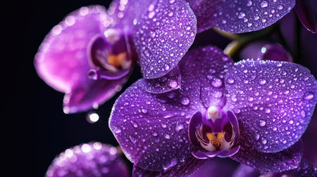 A close-up of a purple orchid with sparkling water droplets on its petals, showcasing elegance and the natural beauty of tropical flowers.の素材