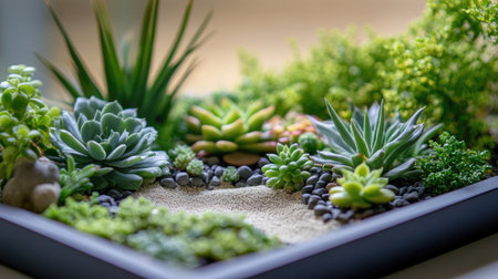 A close-up of a tray garden featuring a tiny Zen garden with sand, miniature rakes, and small succulents, offering a tranquil and meditative setting.の素材