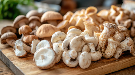 A close-up of a variety of fresh mushrooms on a wooden cutting board, showcasing their different shapes and textures in natural lightの素材