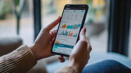 A close-up of hands holding a smartphone with a banking app, showing a financial graph of account balances and transactions.の素材