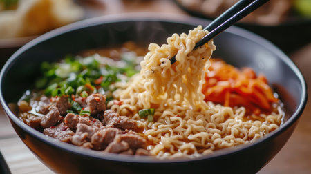 A close-up of instant noodles being served in a bowl with a side of fresh vegetables, meat, and a savory sauce, highlighting a comforting meal.の素材