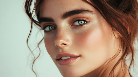 A close-up of a woman with bright eyes and a gentle smile, framed by soft, voluminous hair and a minimalist makeup look, against a clean background.の素材