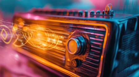 A close-up of a vintage radio, with graphical radio waves emanating from it, symbolizing traditional broadcasting.の素材