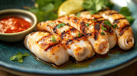 A close-up of perfectly grilled squid, with charred marks and a light glaze, served on a plate with a side of dipping sauce and fresh herbs.の素材