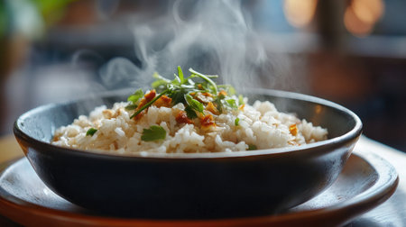A comforting image of a steaming bowl of hot rice being served onto a plate, with a side of savory sauce and a garnish of fresh herbs.の素材