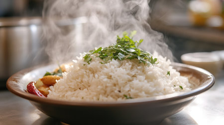 A comforting image of a steaming bowl of hot rice being served onto a plate, with a side of savory sauce and a garnish of fresh herbs.の素材