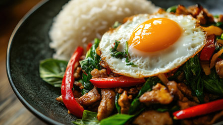 A close-up of Thai basil stir-fry with a perfectly cooked fried egg, showcasing the rich flavors and textures, with a side of rice and additional garnish.の素材