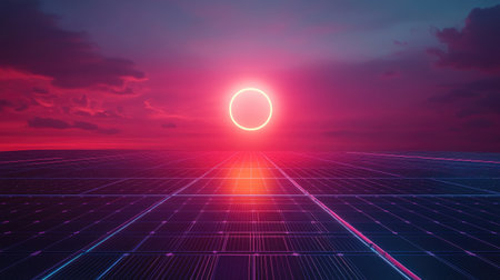 A conceptual image of a solar panel with a glowing sun symbol above it, representing the clean energy and environmental benefits of solar power.の素材