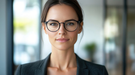 A close-up portrait of a businesswoman in professional attire, looking directly at the camera with a poised and assertive expression in a bright office setting.の素材