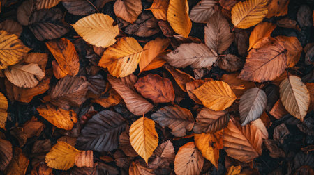 A collection of autumn leaves in various shades of orange, scattered on the ground with a soft, natural light highlighting their texture.の素材