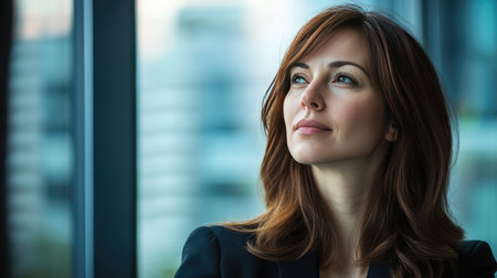 A confident businesswoman in a high-rise office, looking out of the window with a serious yet optimistic expression, representing leadership and vision.の素材