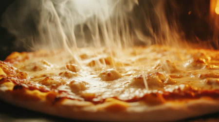A freshly baked pizza coming out of the oven, with melted cheese and bubbling toppings, ready to be served hot and delicious.の素材