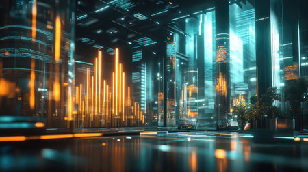 A futuristic 3D bar graph with glowing bars, visualizing financial growth and investment data in a high-tech office environment.の素材