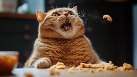A humorous shot of a fat cat looking up with food in its mouth, clearly enjoying a delicious meal and showing off its round belly.の素材