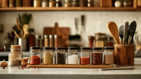 A kitchen counter with an assortment of seasonings, including chili paste, salt, pepper, and spices, set against a backdrop of cooking utensils.の素材