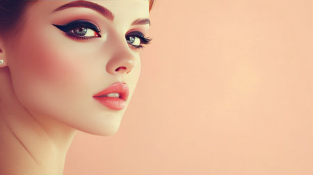 A portrait of a woman with elegant makeup, including bold eyeliner and perfectly blended eyeshadow, against a soft, neutral background.の素材