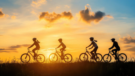 A silhouette of a family enjoying a bike ride together, their figures outlined against a scenic sunset, emphasizing the joy of shared activities.の素材