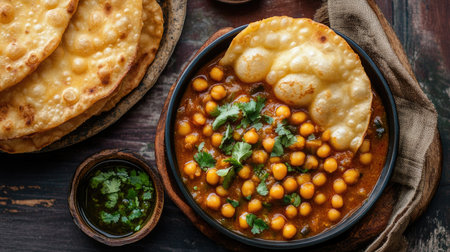 A serving of fragrant chole bhature, with spicy chickpea curry and fluffy, deep-fried bread, arranged on a rustic table.の素材