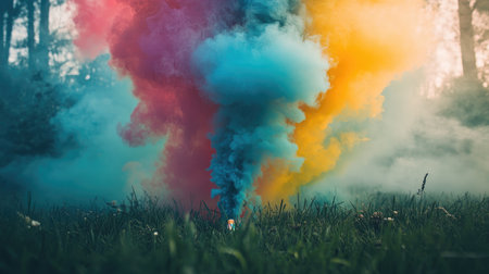 A shot of colorful smoke emerging from a smoke bomb in a field, with vivid colors contrasting against the natural greenery of the environment.の素材