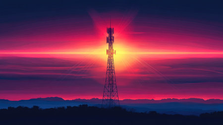 A radio tower standing tall against a sunset, emitting radio waves into the sky, symbolizing communication across vast distances.の素材