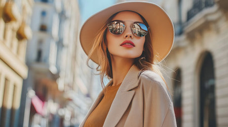 A stylish woman in a chic outfit walking down a city street, showcasing a modern fashion look with a focus on her trendy accessoriesの素材