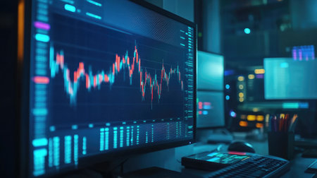 A stock market chart with bar graphs on a monitor, capturing the dynamic flow of real-time financial data in a trading room.の素材