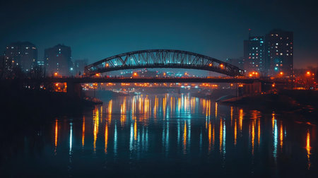 A stunning night view of a well-lit bridge arching over a river, with reflections shimmering on the water and city lights creating a vibrant scene.の素材