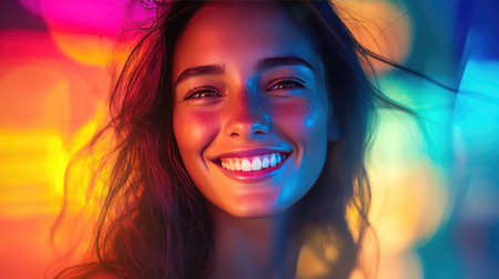 A vibrant portrait of a woman with a radiant smile and expressive eyes, captured in bright, colorful lighting to enhance her joyful and dynamic presence.の素材