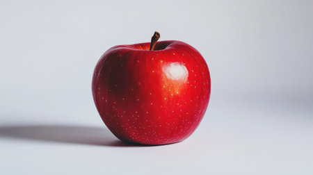A vibrant red apple with a shiny surface, placed on a white background to emphasize its fresh and appetizing appearance.の素材