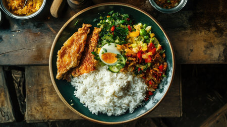 A top-down view of a plate of steaming hot rice with a side of crispy fried fish and vegetables, served in a rustic kitchen setting.の素材