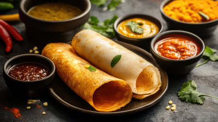 A traditional Indian breakfast spread with dosa, sambar, coconut chutney, and tangy tomato chutney, showcasing classic morning flavors.の素材