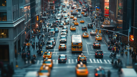 A bustling city street with heavy traffic, featuring cars, buses, and motorcycles in motion, captured from a high vantage point to showcase the busy urban environment.の素材