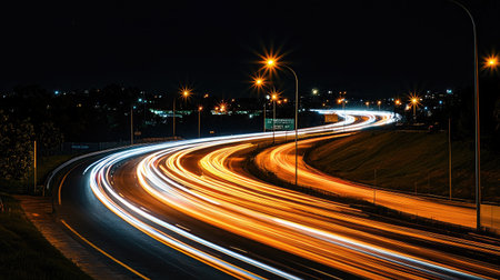 A long exposure shot of street lights creating light trails along a highway, with streaks of light highlighting the movement and flow of traffic at night.の素材