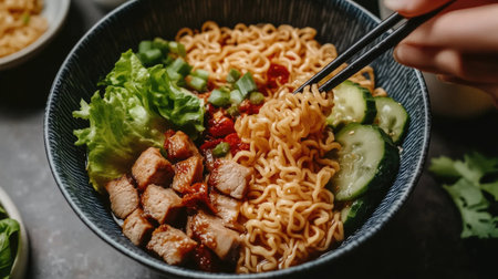 A close-up of instant noodles being served in a bowl with a side of fresh vegetables, meat, and a savory sauce, highlighting a comforting meal.の素材