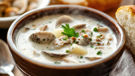 A close-up of a steaming bowl of clam chowder, with tender clams, potatoes, and a creamy broth, garnished with fresh parsley and served with a bread roll.の素材