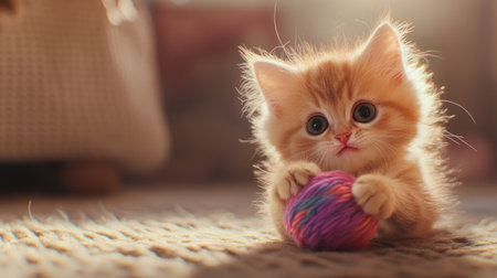A fluffy kitten playfully batting at a colorful toy, with its big eyes and soft fur making for an adorable and heartwarming sceneの素材