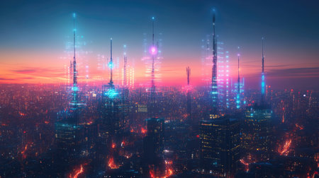 A futuristic cityscape with tall radio towers emitting glowing waves, symbolizing the role of radio in modern communication networks.の素材