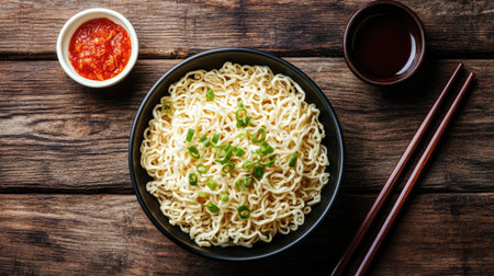 A top-down view of a simple instant noodle meal with a side of condiments and chopsticks, showcasing a quick and satisfying dining option.の素材