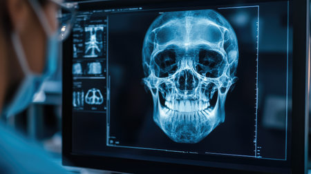A medical professional examining a digital X-ray image of a human skull on a computer screen, with a focus on the features and diagnostic tools.の素材