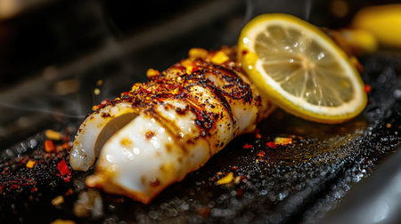 A succulent piece of grilled squid with a crispy outer layer and tender, juicy interior, presented with a slice of lemon and a sprinkle of chili flakes.の素材