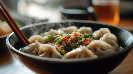 An appetizing close-up of a bowl of steaming hot dumplings with a variety of fillings, served with soy sauce and chopsticks, highlighting the details of the dishの素材