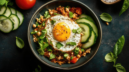 A vibrant top-down shot of a Thai basil stir-fry with a delicious fried egg, garnished with fresh herbs and served with a side of sliced cucumber and tomato.の素材