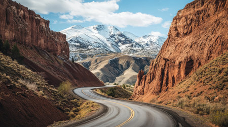 A winding mountain road with dramatic cliffs on either side, leading towards a scenic vista with snow-capped peaks in the distance.の素材