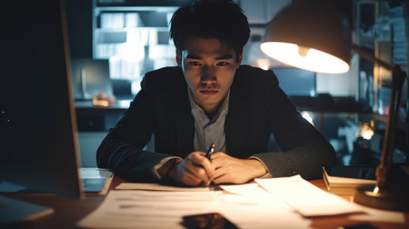 A young businessman working late at night, illuminated by desk lamps, focused on his computer screen with papers and a phone nearby.の素材