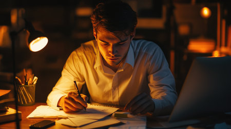 A young businessman working late at night, illuminated by desk lamps, focused on his computer screen with papers and a phone nearby.の素材