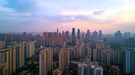 A wide-angle view of a cityscape with high-rise buildings dominating the skyline, capturing the scale and architectural diversity of the urban environment.の素材