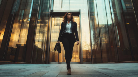A woman in a professional business suit walking confidently into an office building, showcasing modern, sophisticated women's workwearの素材