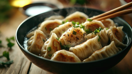 An appetizing close-up of a bowl of steaming hot dumplings with a variety of fillings, served with soy sauce and chopsticks, highlighting the details of the dishの素材
