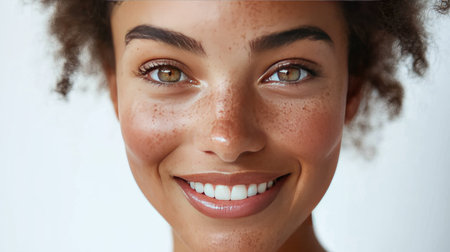 A close-up of a woman with glowing skin and a natural smile, showcasing her clear complexion and expressive eyes against a simple background.の素材